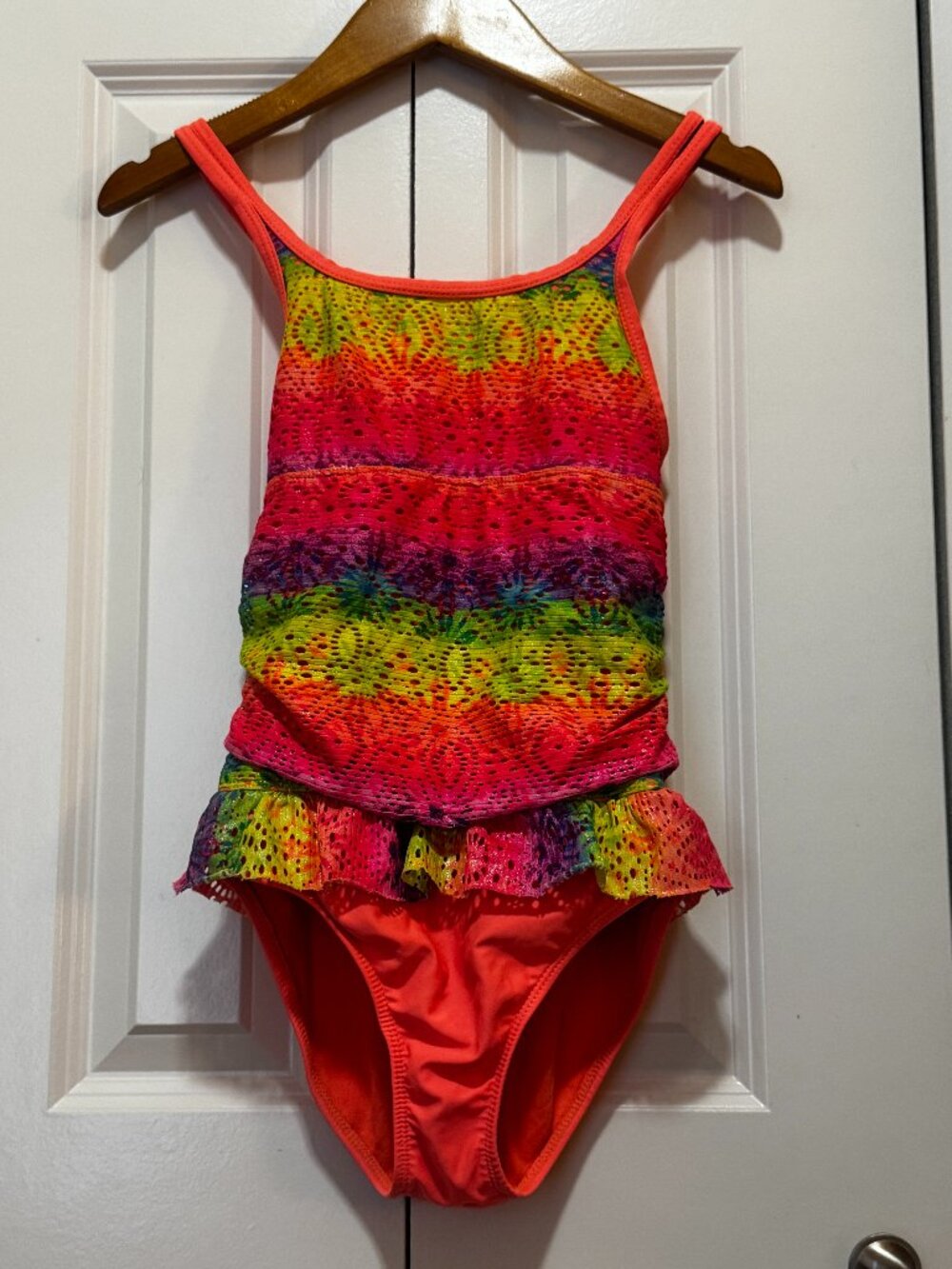 Wonder Nation Girls Rainbow One Piece Swimsuit L 10-12 Peplum Ruffle
